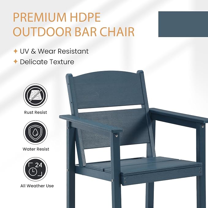 6 Pack Outdoor Bar Stools, HDPE Patio Bar Chairs with Armrests & Footrest, Weather Resistant All-Weather Counter Height Chairs for Outdoor Deck, Backyard, Poolside,Blue