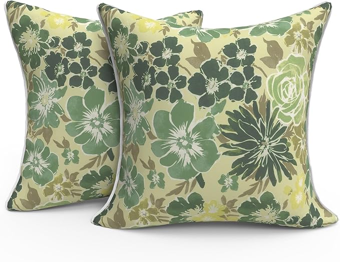 Outdoor Throw Pillow Covers Pack of 2, Decorative Water Repellent Square Pillow Cases with Piping 18x18 Inch, Green Rose