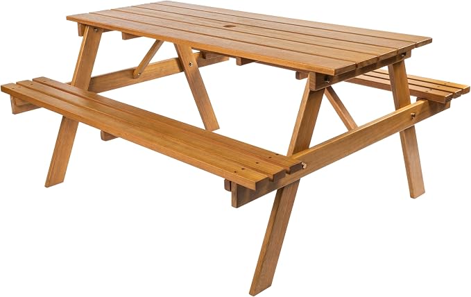 JONATHAN Y Shoreham 59" Eucalyptus Wood Outdoor Picnic Table with Benches for Patio, Rectangular Dining Set with 2" Umbrella Hole, Heavy Duty 700 lbs Capacity, Teak Brown BNH200A