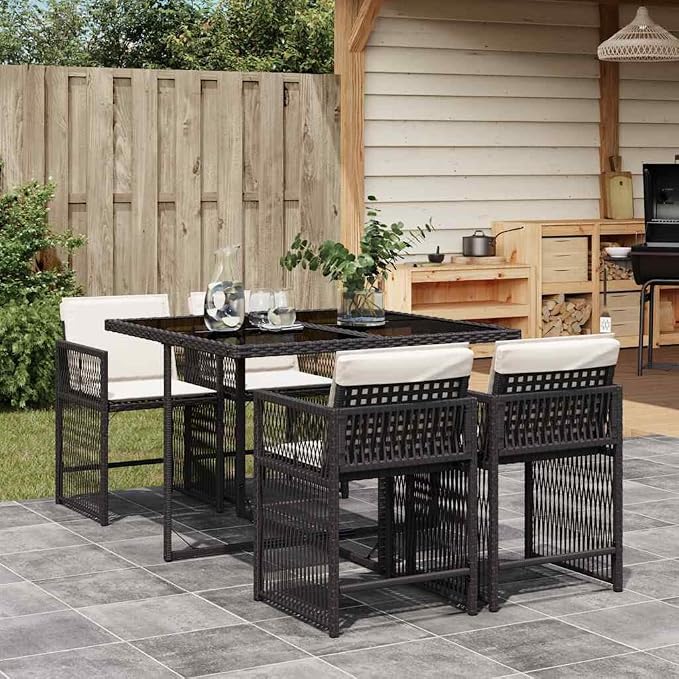 5 Piece Garden Dining Set with Rectangular Table and 4 High-Back Chairs, Foldable Stackable Patio Set with Cushions, Black Poly Rattan and Tempered Glass