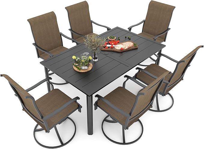 Anmutig 7-Piece Outdoor Dining Set, 6 Swivel Chairs & 63'' Rectangular Dining Table with All Weather Frame Furniture Set - Brown Style1