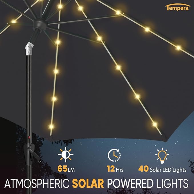 Tempera Solar Patio Umbrella 40 LED Lighted Outdoor Umbrella Table Market Umbrella with Push Button Tilt and Crank, Solar Umbrella with Sturdy Pole&Fade Resistant Canopy, Easy to Set