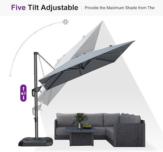 PURPLE LEAF 8'×8' Patio Cantilever Umbrella with Base Included Offset Outdoor Umbrella with Cover Square Outdoor Patios for Backyard Pool Garden Light Grey