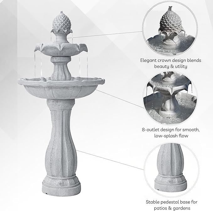 XBrand 44" Solar Powered Outdoor Fountain, Elegant 2-Tier Cascading Water Feature, Fiberglass Resin Garden & Patio Fountain with Solar Panel - White