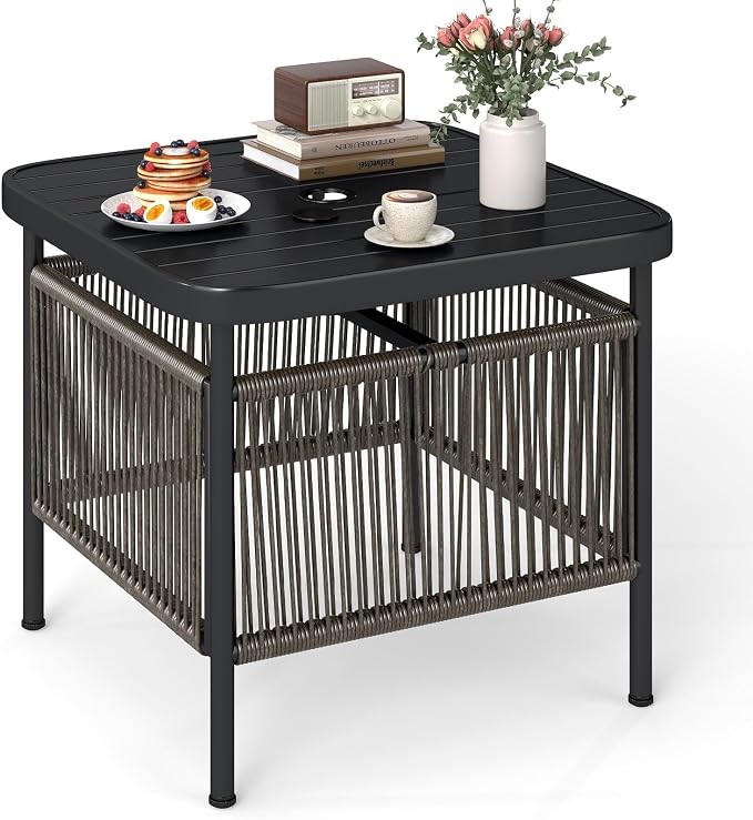 HAPPYGRILL Outdoor Side Table with Umbrella Hole 1.57”, Square Rattan Wicker Coffee Bistro End Table Umbrella Stand, for Backyard Poolside Garden (1)