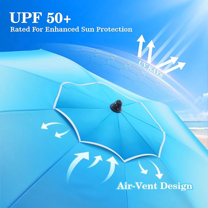 UIRWAY Beach Umbrella, Heavy Duty Windproof Beach Umbrellas with Sand Anchor & Tilt, Sun Protection Portable Beach Umbrella with Carrying Bag for Beach, Patio Garden Pool Outdoor