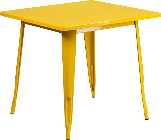 Merrick Lane Nash Indoor-Outdoor Dining Table Only - Yellow Powder Coated Finish - 31.5" Square Top - 27.25" Wide Base - Bracing for Added Stability