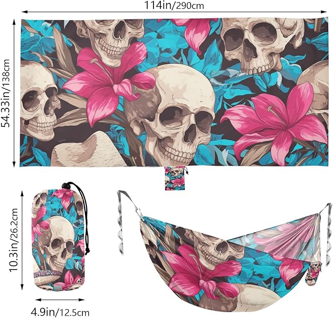 Human Skulls Hot Pink Lily Flowers 330lb Capacity Outdoor Hammock with Hanging Rope Tree Hammock for Outside Patio Garden hamaca con soporte para adultos