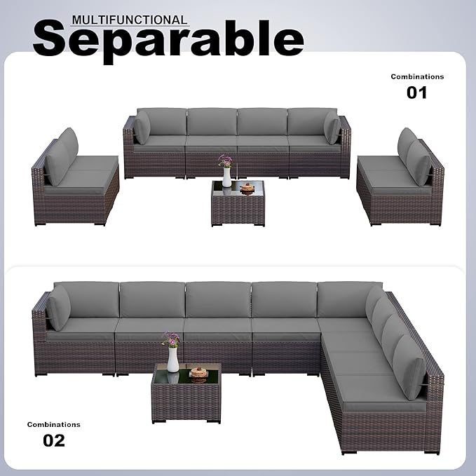 Kullavik 9 Pieces Outdoor Patio Furniture Set,Outdoor Sectional Rattan Sofa Set Brown PE Rattan Wicker Patio Conversation Set with Tempered Glass Coffee Table and Washable Cushions Covers,Grey