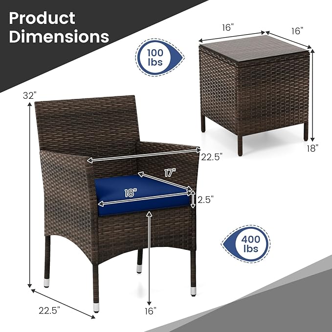 RELAX4LIFE 3-Piece Patio Furniture Set - Rattan Wicker Outdoor Conversation Set w/Cushions & Glass Coffee Table, Balcony Furniture for Porch Garden Backyard, Bistro Table and Chairs Set of 2 (Navy)