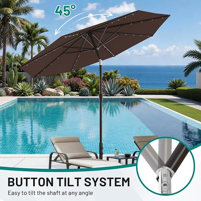 AreShark 9FT Patio Umbrella with Solar Lights, 32 Lighted Pool Umbrella w/Tilt and Crank, Outdoor Table Solar Umbrellas for Garden, Deck, Backyard, Pool and Beach, Light Brown