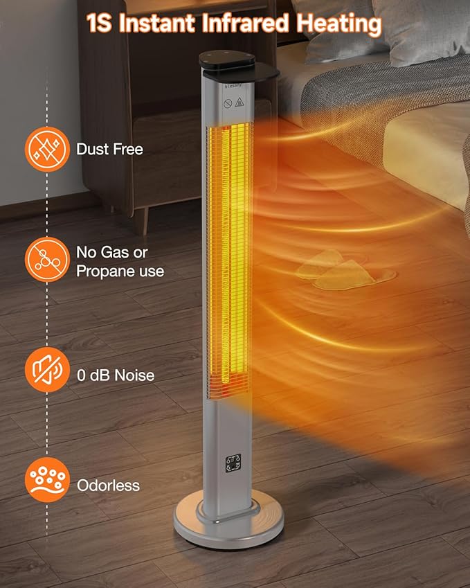 blessny Electric Heater for Patio, 48.5" Large Standing Premium Space Heater IP65 Waterproofed for Indoor or Outdoor Use,1500W with 9 Hours Timer