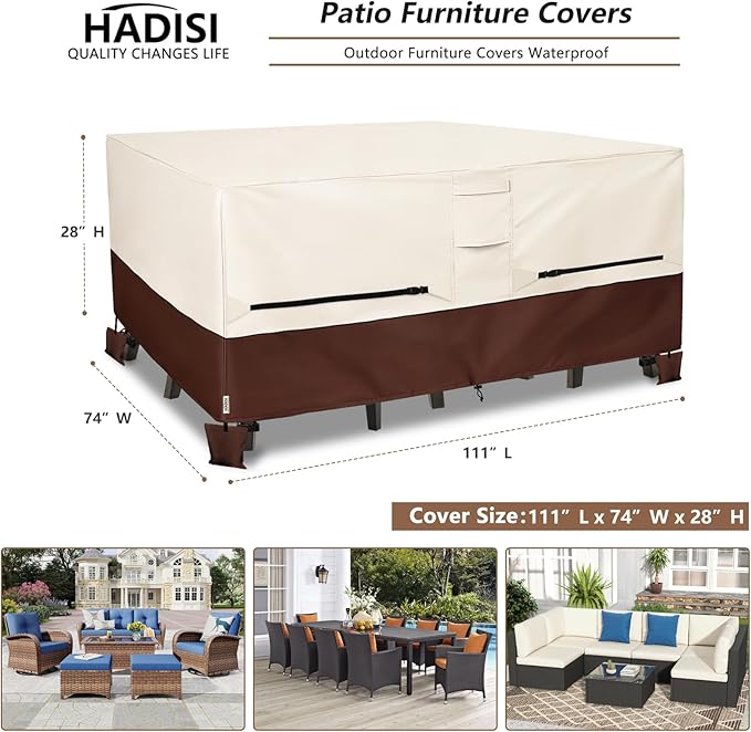 Patio Furniture Covers,Outdoor Furniture Cover Waterproof,600D Rectangular Patio Heavy Duty Table Cover,Outdoor Dining Table and Chair General Purpose Furniture Covers 111"L x 74"W x 28"H-Beige