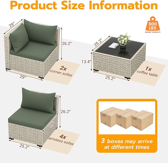 UDPATIO Outdoor Patio Furniture Set, 7-Piece PE Wicker Sectional Sofa with Tea Table, Outdoor Conversation Set for Patio, Garden, Backyard Green
