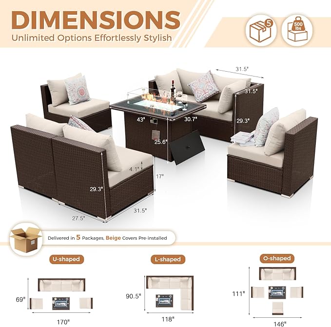 BULEXYARD 7 Pcs High Back Patio Furniture Set with Fire Pit Table Propane/Natural Gas Dual Fuel, All-Weather Outdoor Sectional Couch, Comfy Backyard Seating for Exterior, Brown Wicker & Beige Cushion