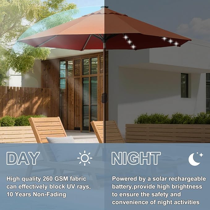EliteShade USA 10-Year-Non-Fading 10ft Market Patio Umbrella, Commercial Grade Table Sun Umbrella with 80 Solar LED Lights, Crank Open, Windproof & UPF 50+ UV Protection for Garden, Deck, Pool, Backyard, Rust