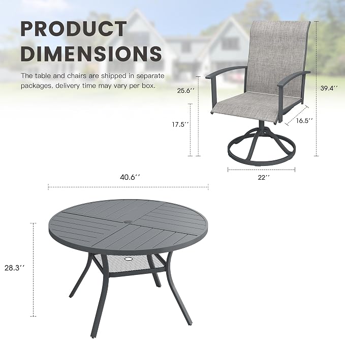 5 Pieces Round Outdoor Table and Chairs Set, Patio Dining Set with 40.6" Round Spliced Outdoor Table and Patio Swivel Chairs for Backyard Lawn Garden, Dark Grey Table and Grey Chairs