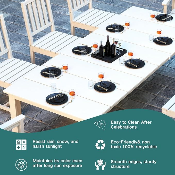 Kingdura 9 Piece Patio Dining Set for 8, HDPE Outdoor Table & Chairs with Umbrella Hole, All-Weather Outdoor Furniture Patio Conversation Set for Lawn Pool Backyard, White