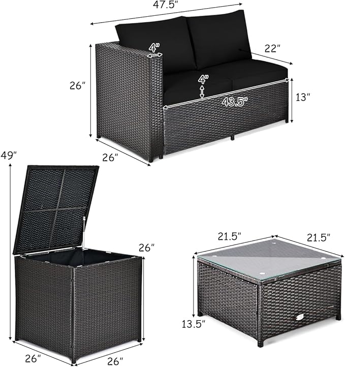 Tangkula 4 Piece Wicker Patio Set with Storage, All Weather-Proof Outdoor Conversation Set with Loveseat, Glass Top Coffee Table & Storage Box, Suitable for Garden, Poolside, Sunroom (1, Black)