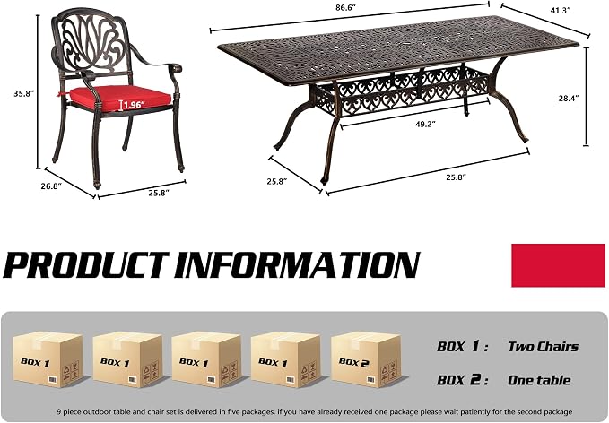 TITIMO 9-Piece Cast Aluminum Patio Furniture Set, Outdoor Patio Dining Set Bistro Conversation Set, All-Weather Rectangular Table w/Umbrella Hole (Red-Fixed Elizabeth Chair, 9 Pcs)