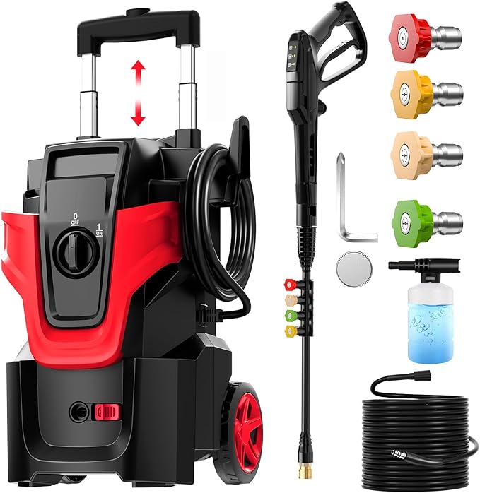 5000PSI Heavy Duty Pressure Washer, 3-Speed Adjustable Power Washer with 2-Stage Pull Rod, 4 Nozzles, Foam Cannon & 500ml Soap Bottle for Car, Home & Outdoor Cleaning,Red