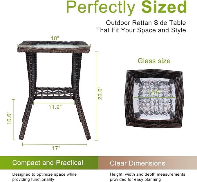 Outvita Rattan Outdoor Side Table with Glass Top & Storage Shelf | Small patio end coffee table, versatile furniture for porch, backyard, balcony and indoor living room