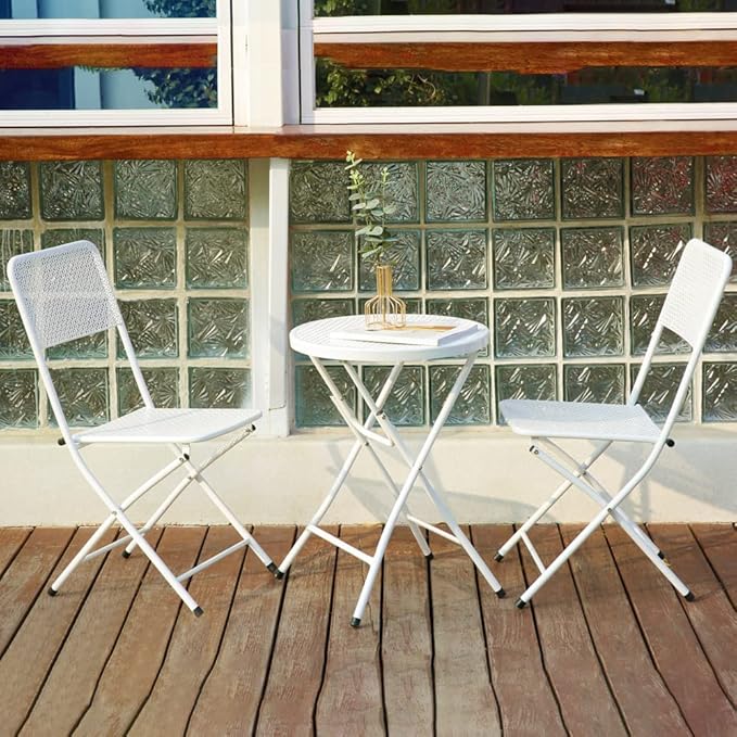 3-Piece Patio Bistro Set, Metal Folding Outdoor Patio Furniture Sets, Stainless Steel Patio Conversation Set with Folding Patio Round Table and Chairs for Yard, Garden or Balcony