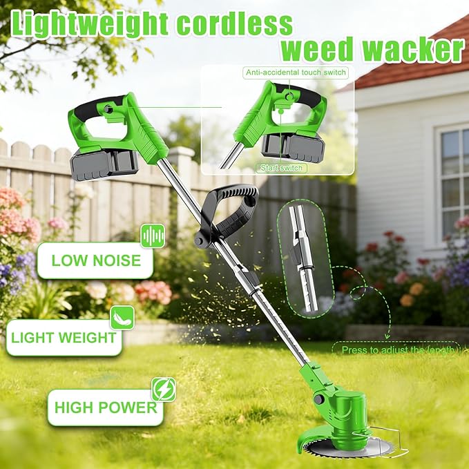 Electric Weed Wacker 21V Brush Cutters Battery Powered 3 in 1 Lightweight Weed Wacker Eater with Blade Adjustable Pole Cordless Grass Trimmer with 2 * 2.0Ah Batteries and Charger for Garden Yard Green