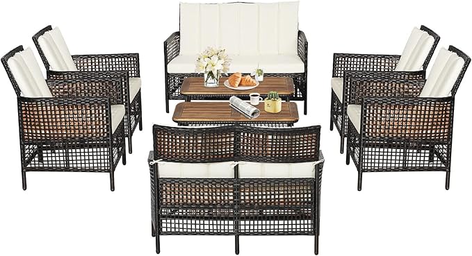 Tangkula 8 Pieces Patio Furniture Set, Outdoor PE Wicker Conversation Set with 2-Tier Coffee Table, Acacia Wood Tabletop & Extra Storage Shelf, Outdoor Furniture Sofa Set w/Cushions (2, Off White)