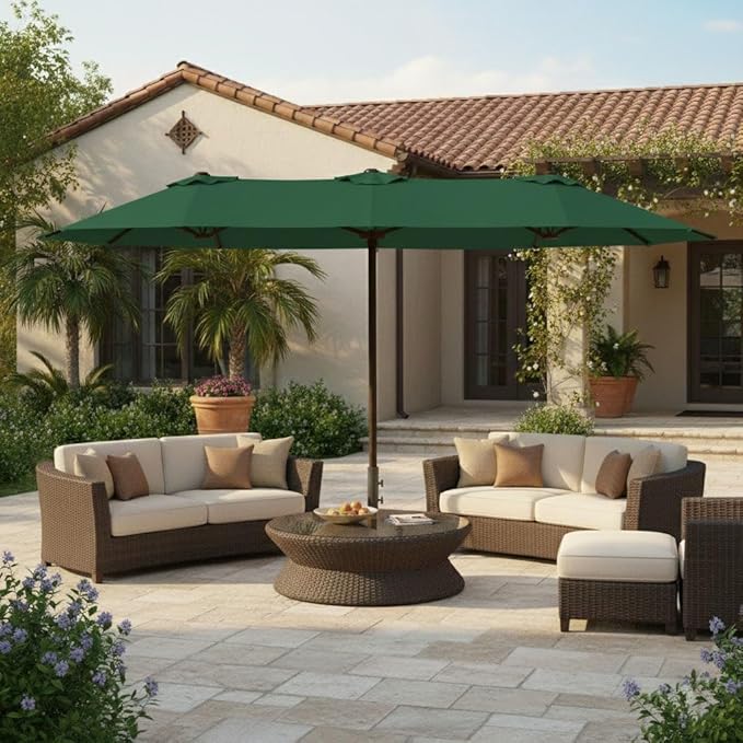 15FT Large Patio Umbrella with Base, Double Sided Rectangular Outdoor Umbrella with Sturdy Fiberglass Ribs, UPF 50+ Sun Protection, Wind-Resistant, Waterproof Fade-Resistant Fabric for Pool, Garden, Backyard, Deck(Dark Green)
