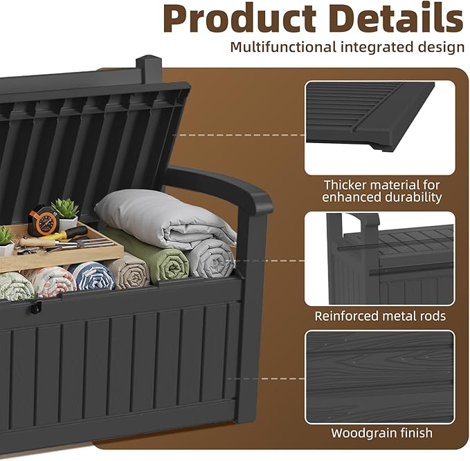 EasyUp 100 Gallon Wood Grain Style Outdoor Storage Bench, Waterproof and Lockable Deck Box Outdoor Storage Furniture for Patio,Garden,and Porch – Perfect for Storing Garden Tools and Cushions(Black)