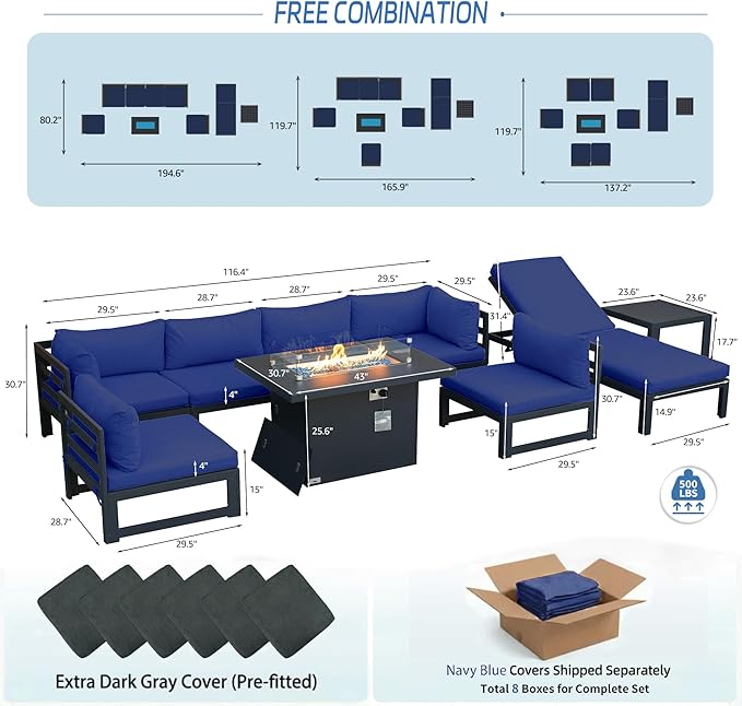 NICESOUL 9 Piece Large Modern Aluminum Patio Furniture Set, Water Resistant Modular Outdoor Conversation Set with Chaise & Fire Pit Table, 500 lbs Durable Modular Sectional Sofa for Garden, Navy Blue