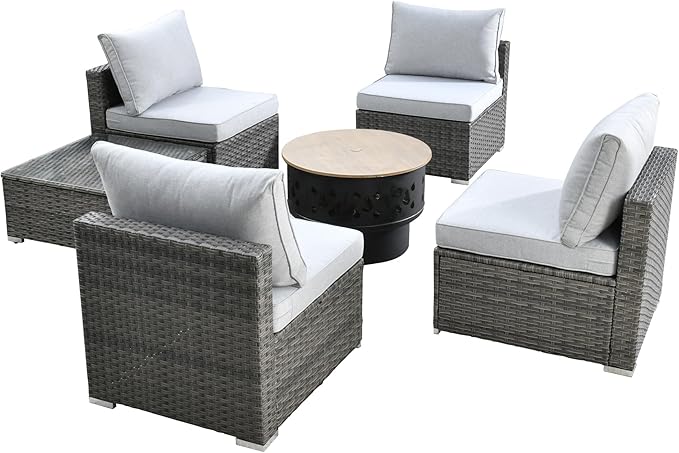 HOOOWOOO 6-Piece Outdoor Wicker Patio Furniture Set, All-Weather Rattan Sectional Sofa Chairs with Fire Pit and Side Table, Modern Garden Conversation Set for Patio, Porch, and Backyard (Grey)