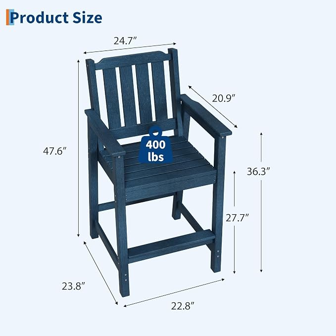 Takywep Set of 2 HDPE Wood Grain Outdoor Bar Stools, 27.7" High Counter Height Chairs with Armrests and Back, Weatherproof Pub Seating for Patio, Balcony, Garden, Deck, Backyard, Navy Blue