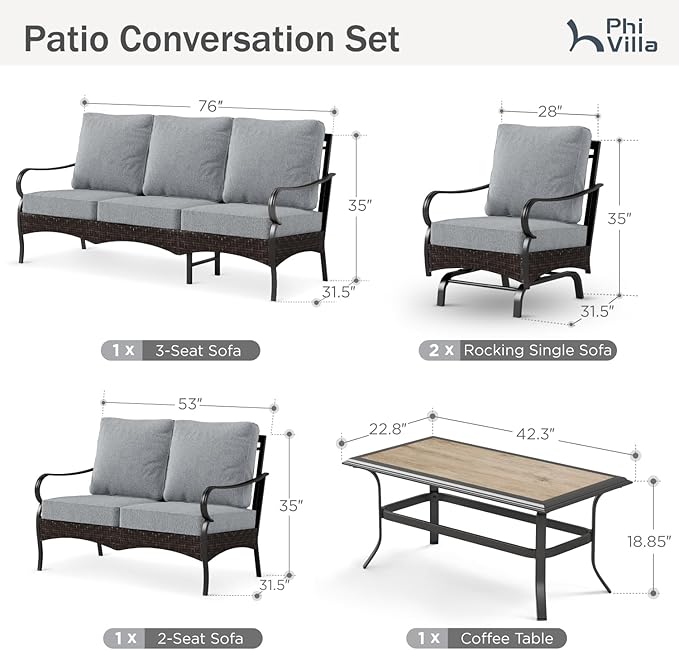 PHI VILLA Outdoor Modern Patio Furniture Set, Upgraded Wicker & Metal Patio Conversation Set with Waterproof Thick Cushions for Porch, Poolside, Yard (5 Pieces,Grey)