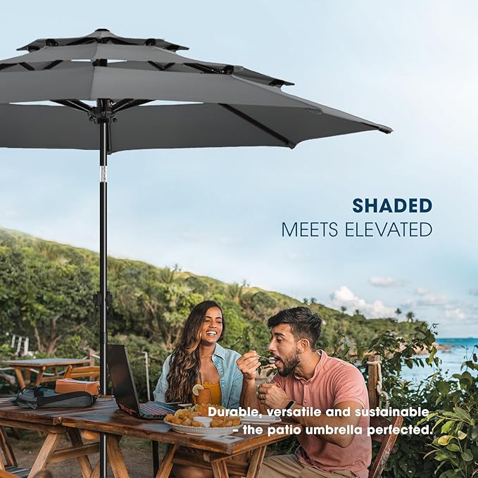 wikiwiki 9ft 3-Tier Patio Umbrella Outdoor Table Market Umbrella for Patio with Push Button Tilt/Crank, Fade Resistant Waterproof POLYESTER Canopy for Garden, Lawn, Deck, Backyard & Pool, Dark Gray