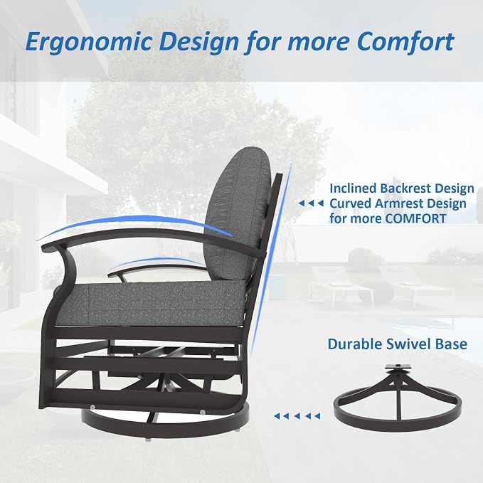 ALAULM 3 Piece Aluminum Outdoor Swivel Chairs High Back Metal Swivel Rocking Chairs with 5.1" Sponge Cushions &1 Coffee Table for Patio, Porch, Backyards, Garden(Grey)