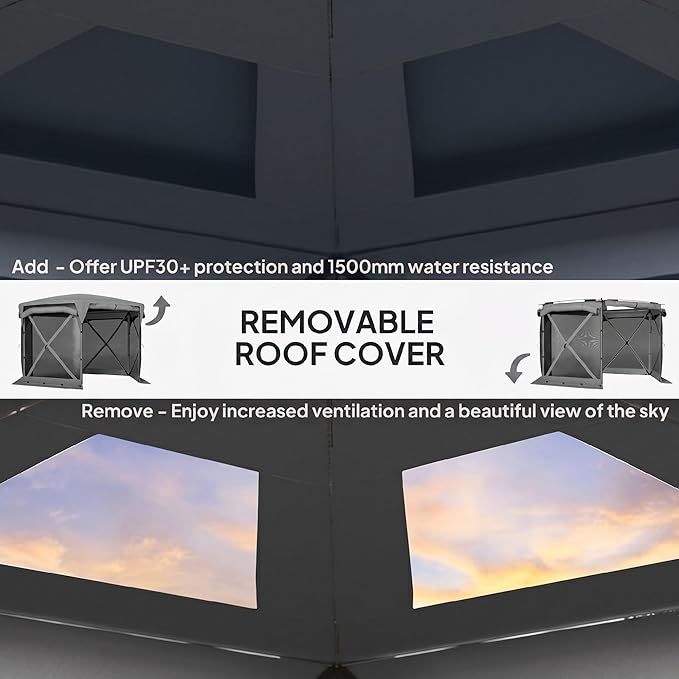 Outsunny Pop Up Gazebo Screen Tent House, 11 x 11ft with UPF30+ Removable Roof Cover, 4 Roll-up Wind Panels and Carry Bag for Camping, Patio, Backyard, Lawn, Dark Gray