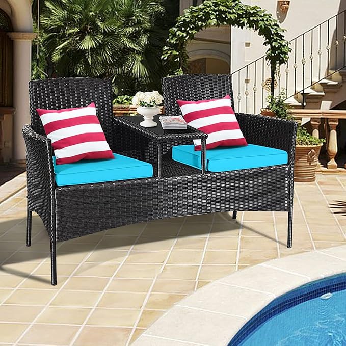 DORTALA Outdoor Patio Loveseat, Wicker Conversation Set with Cushions and Built-in Coffee Table, 2 Person Rattan Seating for Garden Lawn Backyard, Black+Turquoise