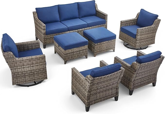 7 Piece Outdoor Patio Furniture Set-All Weather Outdoor Conversation Sets Sectional Sofa with Wicker Swivel Rocker Patio Chairs,Thick Cushions Ottomans for Porch Balcony Patio Deck Grey/Blue