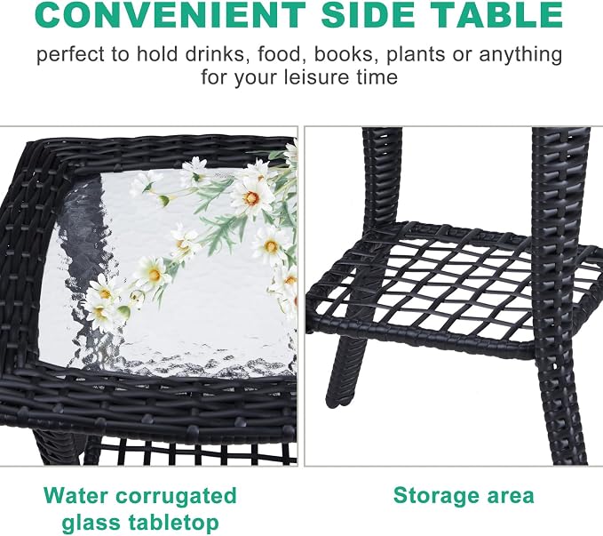 Black Outdoor Wicker Side Table | 2 Tier Rattan End Table with Tempered Glass Top | Space-Saving Bistro Table for Patio, Porch, Balcony, Living Room Balcony Space Saver Small Outdoor Tables