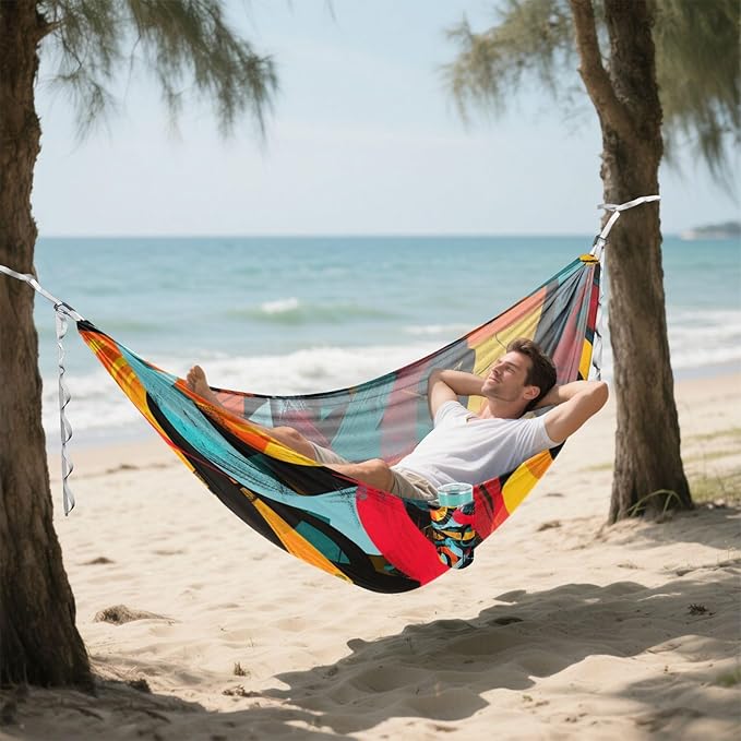 Abstract Color Irregular Lines 330lb Capacity Hammocks with Tree Straps Rope Hammock for Camping Travel Accessories Base para poner hamaca