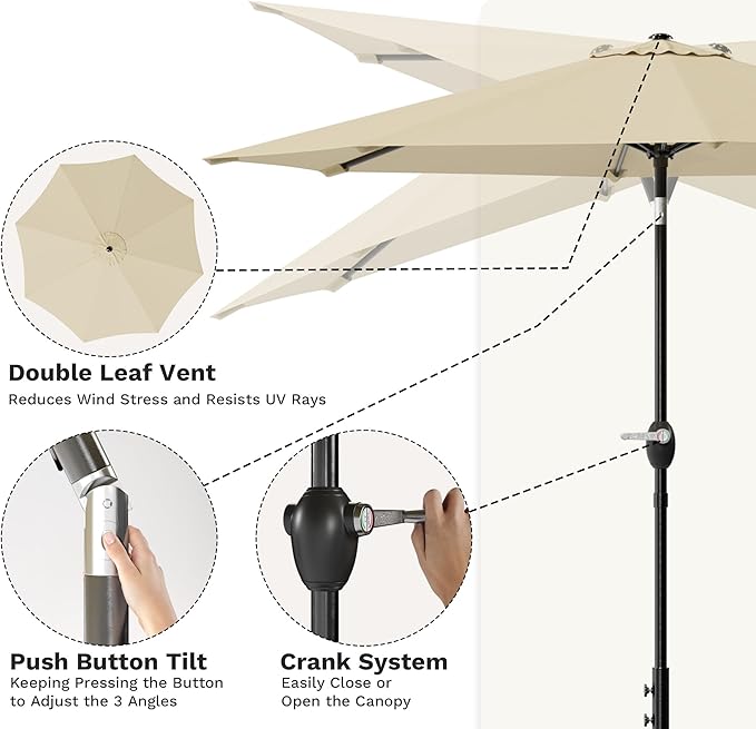 Greesum Outdoor Patio Umbrella with Base, Table Umbrella with 8 Sturdy Ribs, Push Button Tilt and Crank, Market Table Parasol for Garden, Lawn, Backyard & Pool, Beige