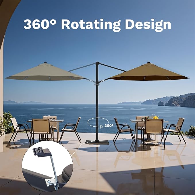 Devoko 10ft Cantilever Patio Umbrella, Round Large Outdoor Umbrella with 360-Degree Rotation, Hanging Offset Market Sun Umbrella, Easy Tilt and Heavy-Duty Frame, for Patio Backyard Garden, Brown