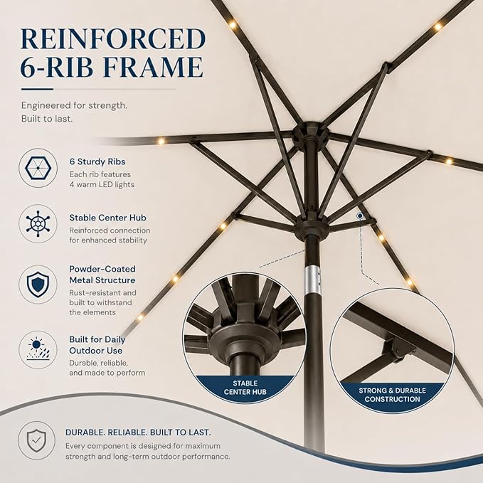 6.5 x 10ft Rectangular Patio Umbrella with Solar Lights, 16 LED Lighted Market Umbrella with Push-Button Tilt and Crank, 6 Sturdy Iron Ribs for Garden, Deck, Pool, Creamy White
