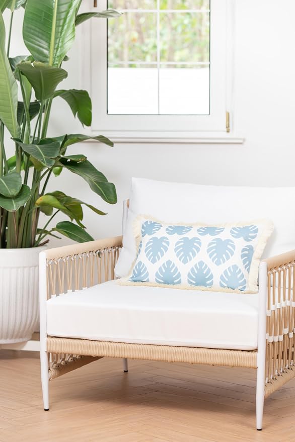 Hofdeco Premium Coastal Hampton Style Patio Indoor Outdoor Lumbar Pillow Cover Only, 12"x20" Water Resistant for Backyard, Couch, Baby Blue Monstera Leaf Fringe