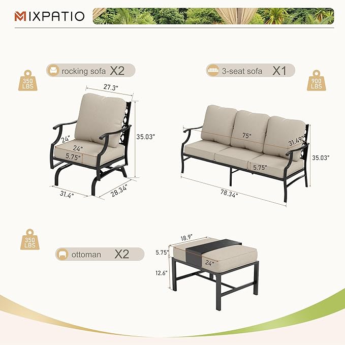 Patio Furniture Set 5 pcs, Outdoor Patio Furniture Set, 3-Seat Sofa, 2 Rocking Chairs, 2 Ottomans and 5.75" Extra Thick Cushion, Patio Conversation Set for Garden Backyard Deck,Beige