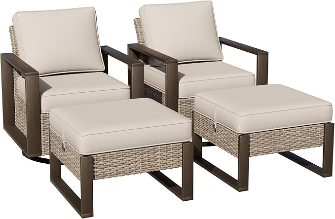 Joyside Outdoor Patio Swivel Rocker Chairs, 4 Pieces Wicker Furniture Set, 2 Swivel Rocking Chairs and 2 Ottoman, Metal Wide Armrest, Thick Cushions and Deep Seating for Garden, Backyard, Porch, Deck