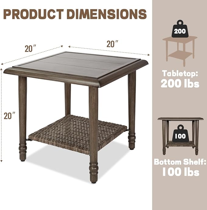 Wicker Outdoor Side Table, All Weather Rattan End Table | 20" Square Patio coffee Table, 2-Tier Storage Side Table for Porch, Balcony, Garden, Living Room