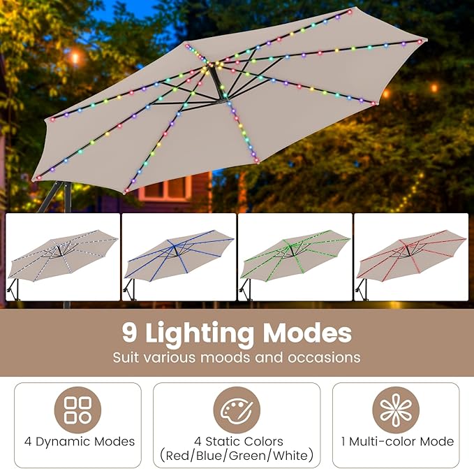 Tangkula 10 FT Solar Patio Umbrella with Base Included, Cantilever Offset Hanging Outdoor Umbrella with 96 Multi-Colored Flowing LED Lights, 9 Modes, Tilt Adjustment, 360° Rotation, Crank for Pool Yard Deck Lawn (Beige)